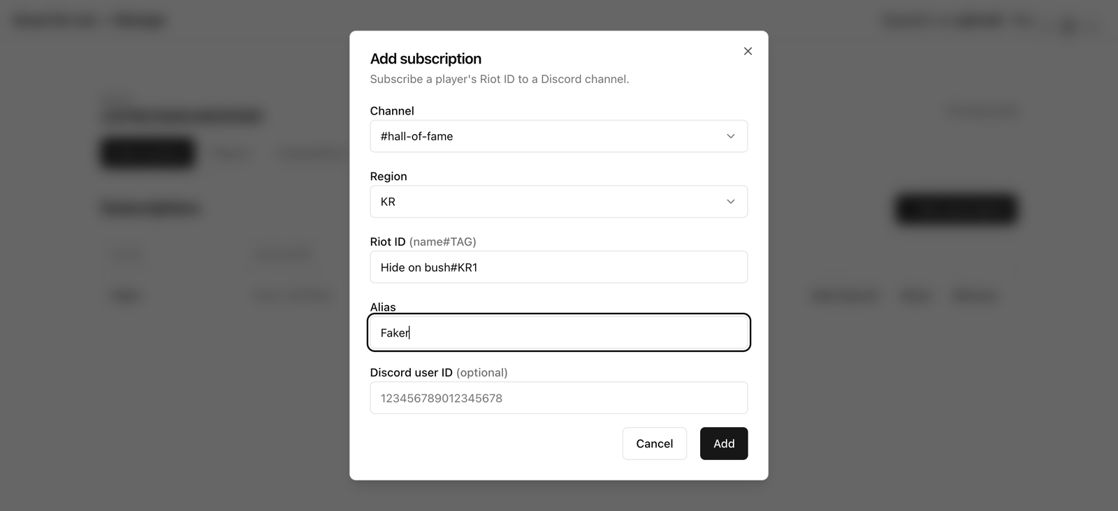 Scout dashboard 'Add subscription' dialog with channel, region, Riot ID, and alias fields