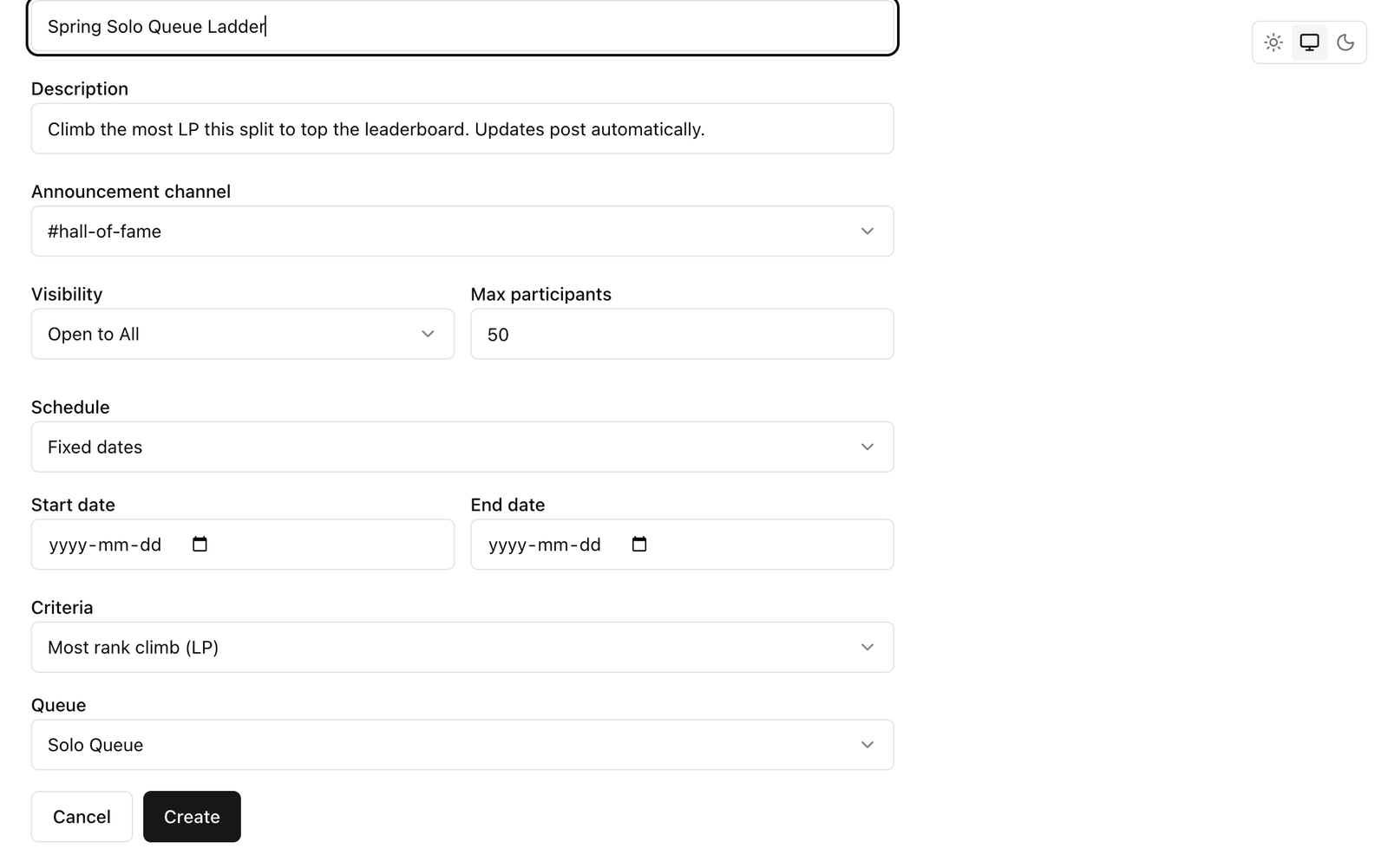 Scout dashboard competition setup form with criteria, queue, and schedule