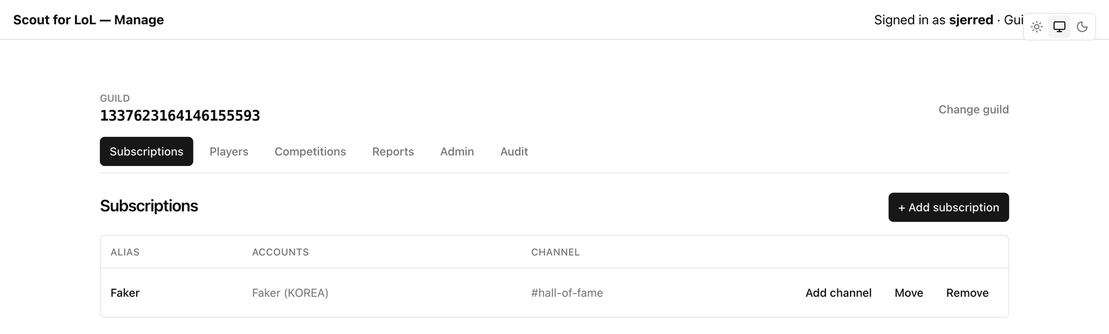 Scout dashboard subscriptions table listing tracked players and their channels