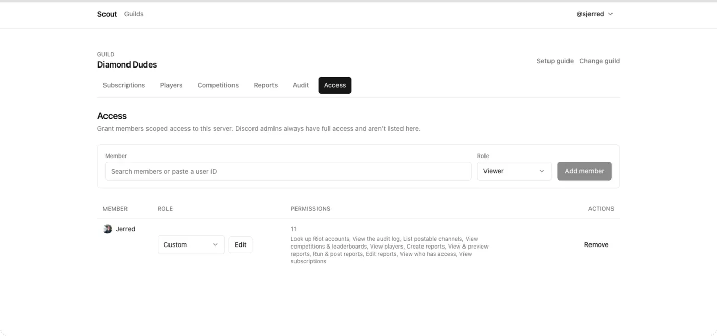 The Access page listing a member with a custom role and the individual permissions it grants.