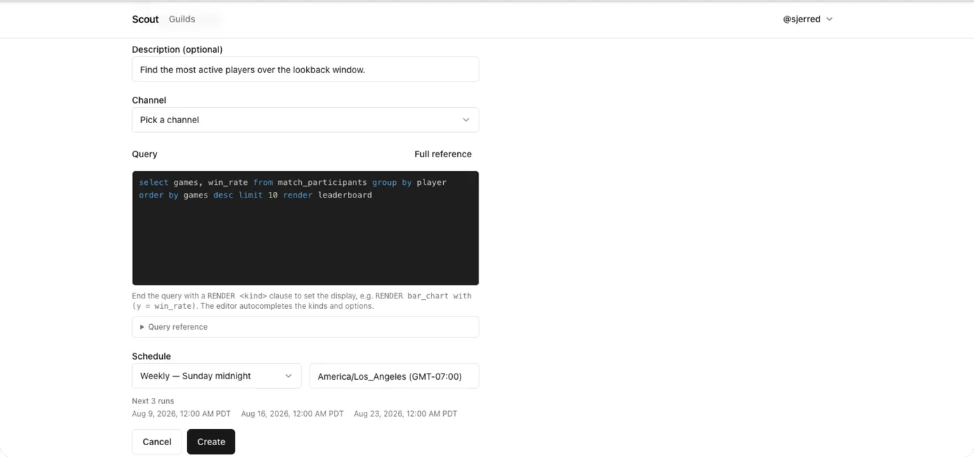 The report form showing the query editor, a Query reference expander, the schedule preset with timezone, and the next three run times.
