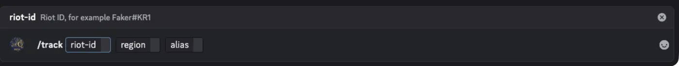 The Discord slash-command entry for /track with its riot-id, region, and alias options.