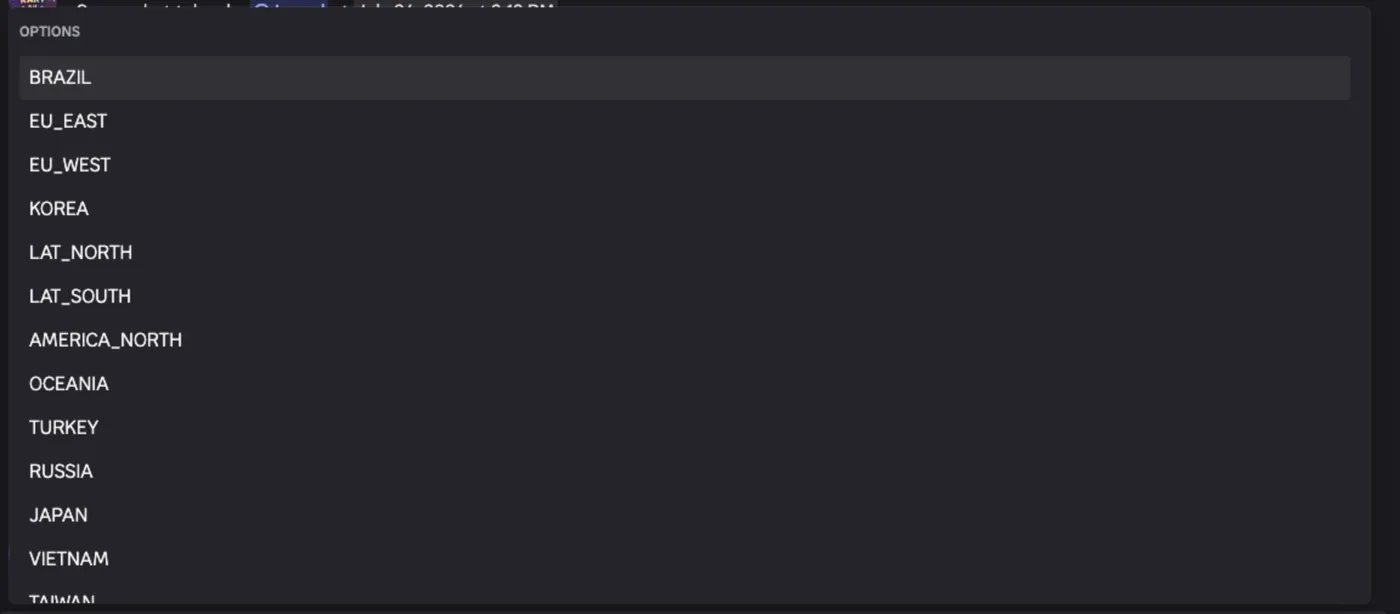 Discord showing the region choice list for /track: BRAZIL, EU_EAST, EU_WEST, KOREA, LAT_NORTH, LAT_SOUTH, AMERICA_NORTH, OCEANIA, TURKEY, RUSSIA, JAPAN, VIETNAM and more.