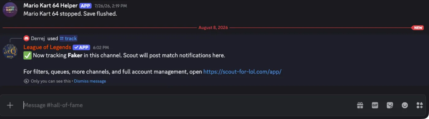 The ephemeral reply confirming the player is now tracked in this channel, with a link to the dashboard.