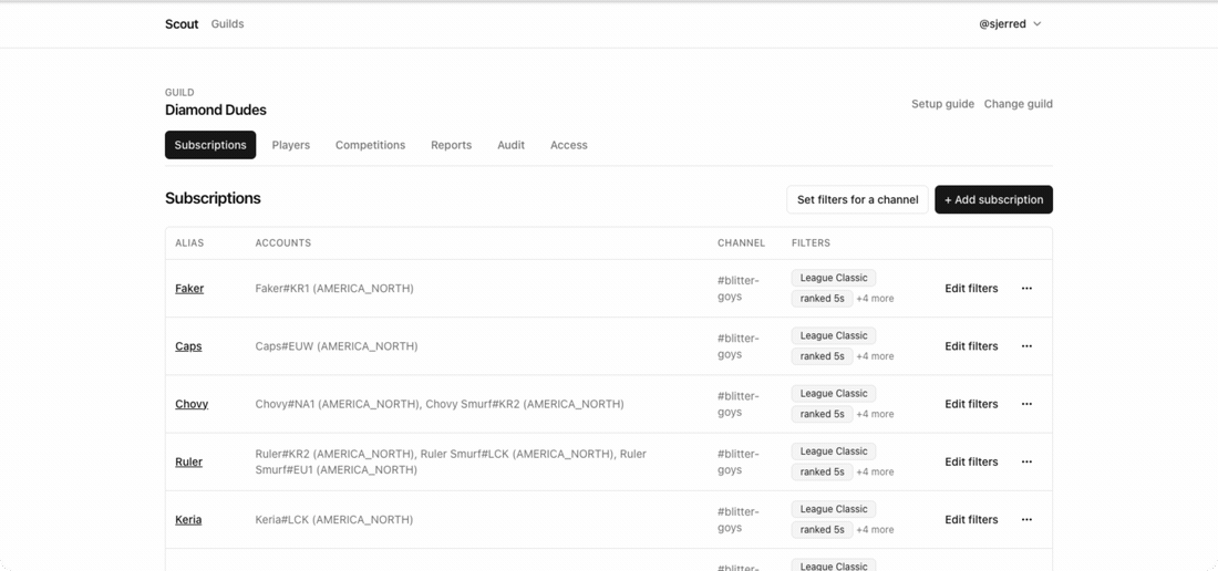 Opening the Add subscription dialog, filling in a Riot ID and player name, and the new row appearing in the subscriptions table.