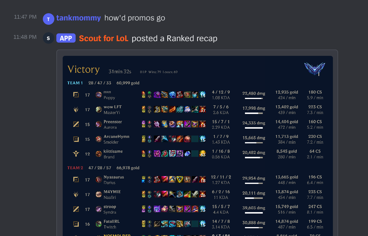 Example of a Scout match notification in Discord showing player stats, KDA, and LP gains